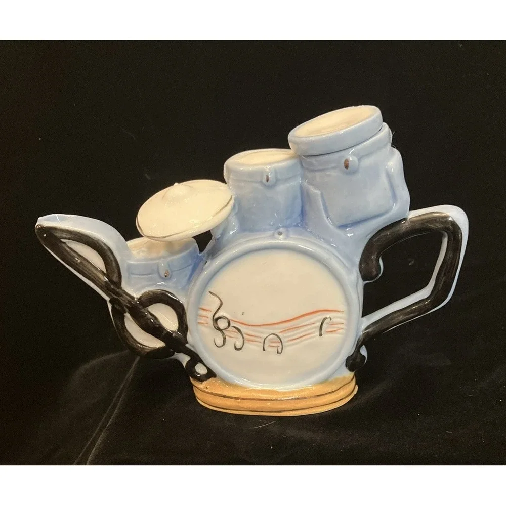 Drum Set Kit Teapot Blue RARE Decor Drummer Music Band Theme Tea Pot Snare
